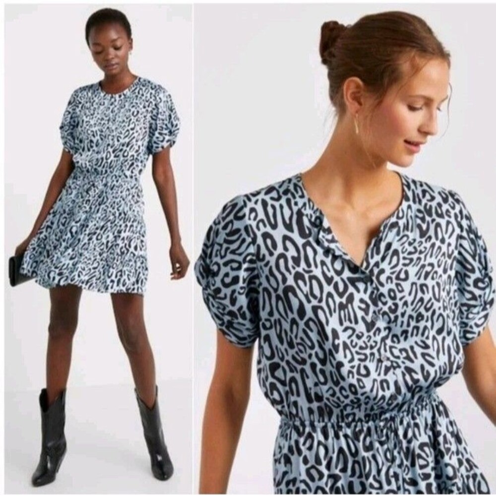 Rebecca Minkoff Medium Aston Puff-Sleeve Tiered Blouson Mini Dress Blue Leopard